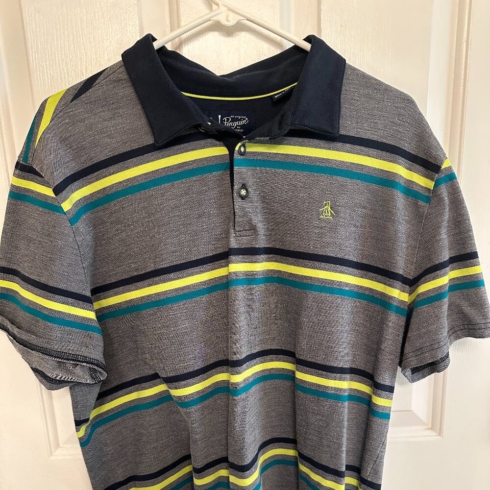 "Original Penguin Men's XL Polo Shirt Gray with Neon Stripes - Classic Preppy St